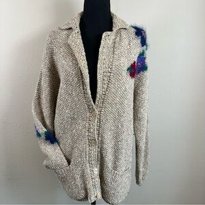 Vintage Wool Blend Beige Cardigan Sweater Small USA Oversized Floral Cottagecore